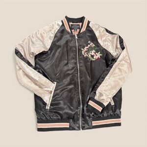 F21 Black and Cream Satin Bomber Jacket with Floral Embroidery